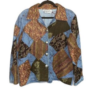 Vintage Patchwork Quilted Denim Jacket Button Up Embroidered Keren Hart size L